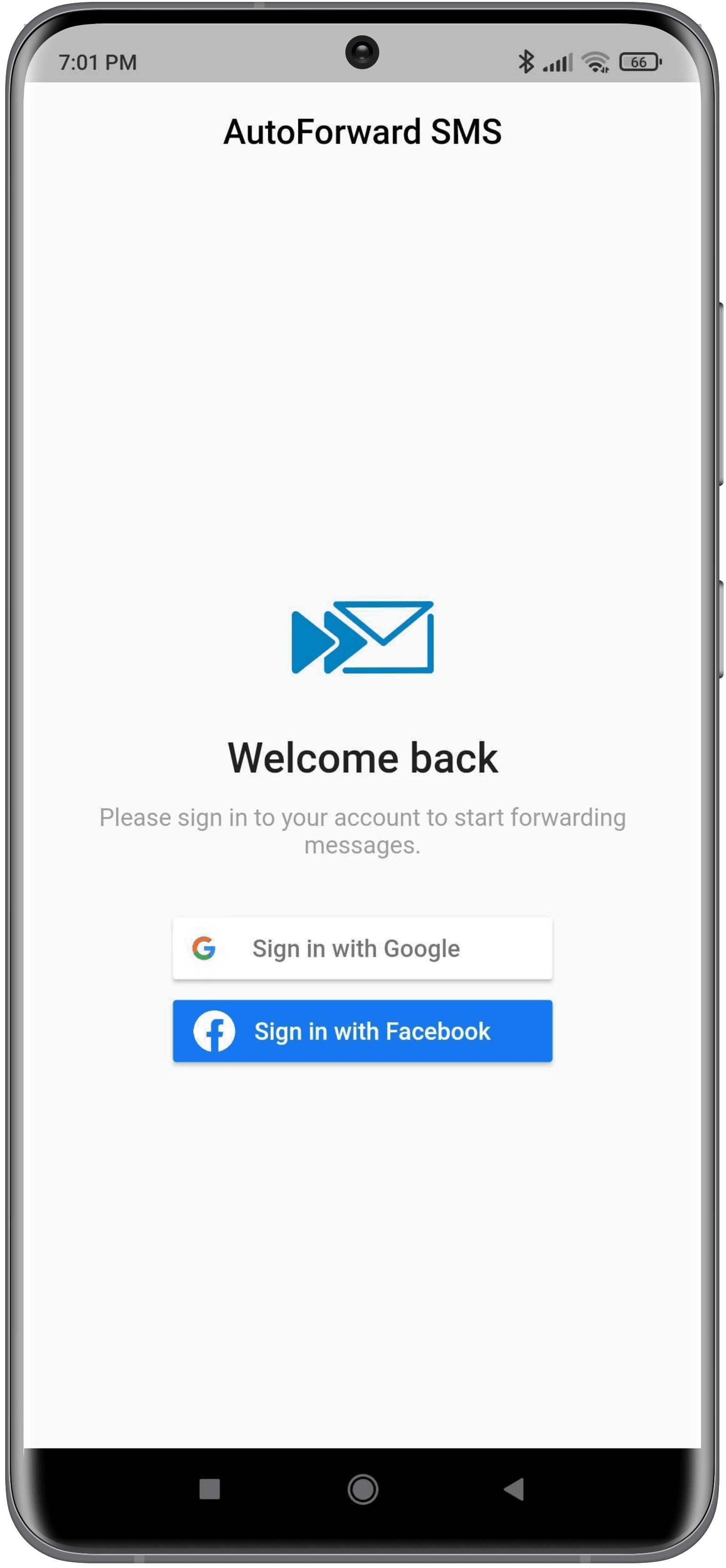 App welcome screen with social media icons